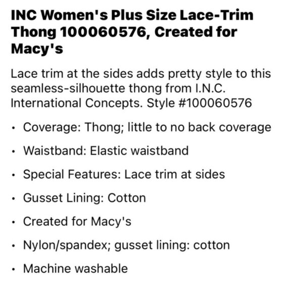 INC Int’l Concepts Plus Size 1X Black Frappe Lace-Trim Thong Panty (2) Pairs NWT - Picture 3 of 7